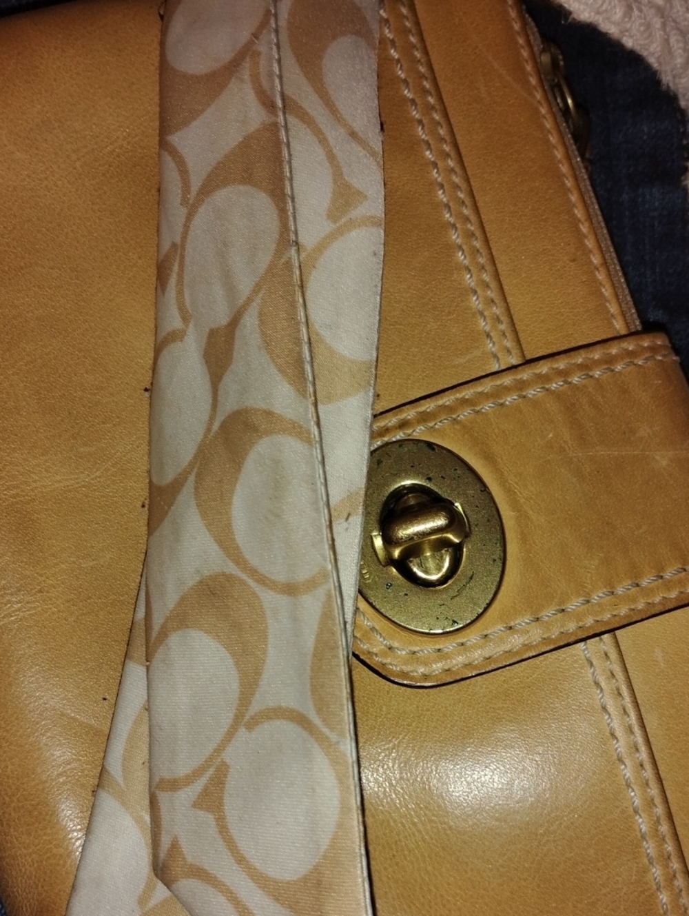 Coach Tan Leather Shoulder Bag with Signature Jacquard Strap and Gold Turnlock